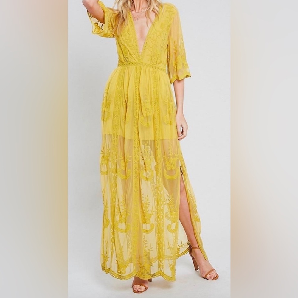 Wishlist Yellow Embroidered Sheer Maxi Dress